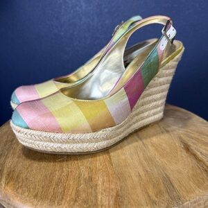 Jessica Simpson Jada Pink, Yellow, & Blue Slingback Wedge Espadrilles, Size 10